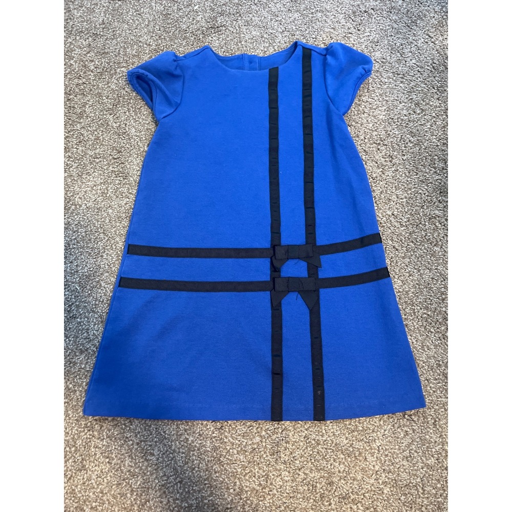 Janie and Jack Girls Blue Dress Black Ribbon Bows Short Sleeve Size 6